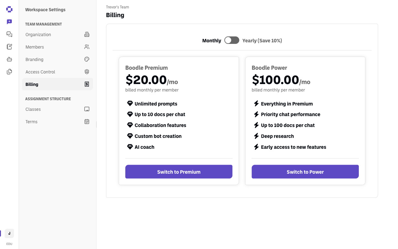 workspace billing page