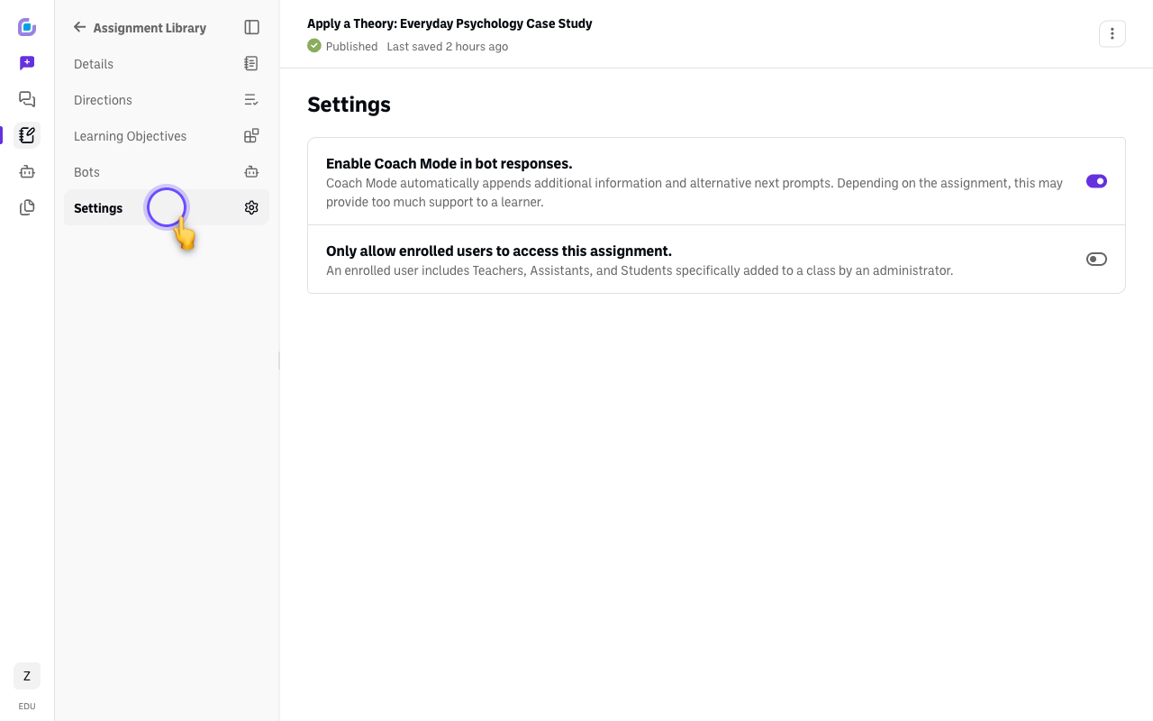 assignment settings tab