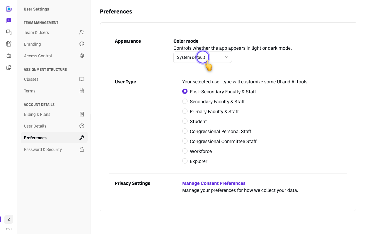 preferences color mode