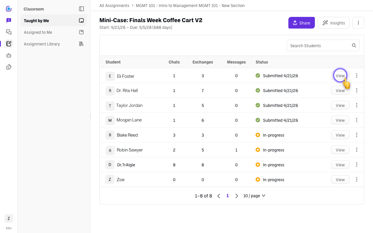 teacher dashboard view